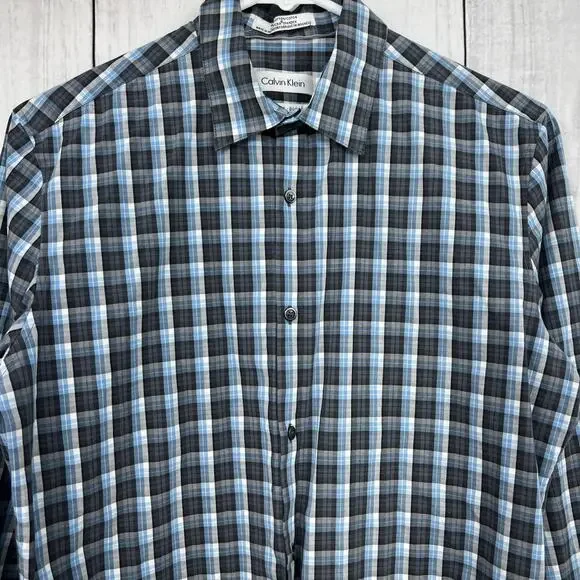 Calvin Klein SMALL (14-14.5) Mens Blue Plaid Non-Iron Fit Button Up Dress Shirt - Picture 3 of 9